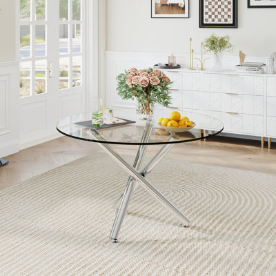 Table de salle à manger ronde moderne Kaizlyn pour 4 à 6 personnes, plateau en verre trempé transparent, piètement en croix en métal, table de cuisine ronde pour salle à manger, table circulaire idéale pour les petits espaces