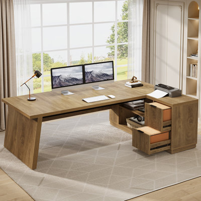 Bureau de direction en L de 198 cm avec rangement, bureau pour bureau à domicile avec 2 tiroirs et 4 tablettes ouvertes, brun