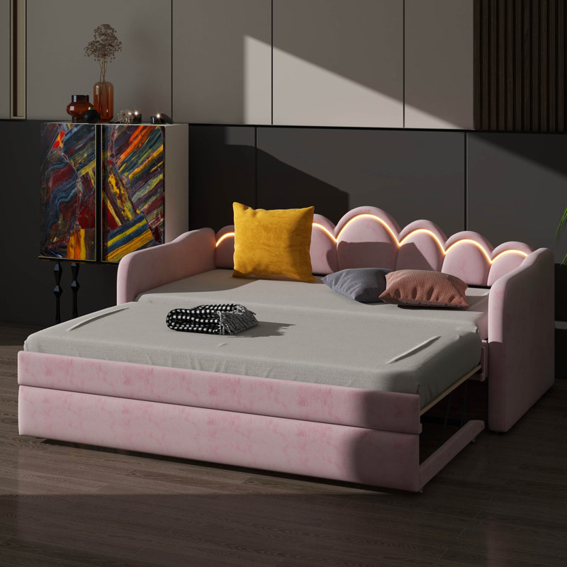 Twin XL Size Upholstered Daybed With Trundle And LED Light, Trundle Adjustable, Pink