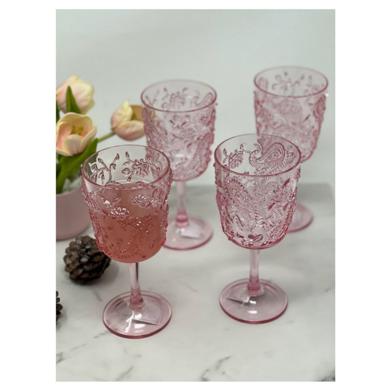 Paisley Plastic Wine Glasses Set of 4, Pink