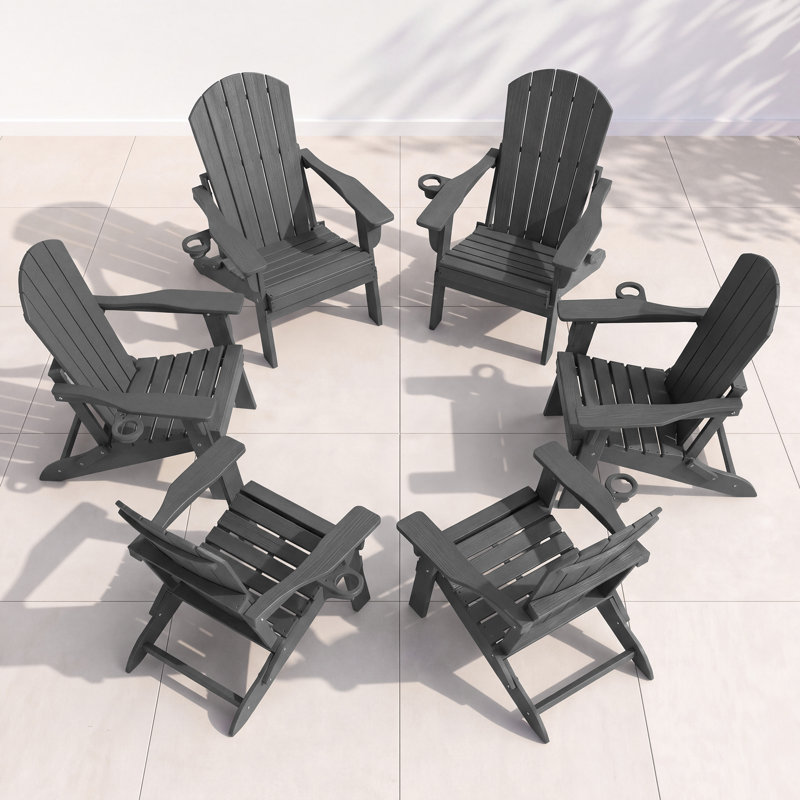 6-Piece Folding Adirondack Chair Set – All-Weather HDPE Outdoor Lounge Chairs with Cup Holders, Classic Firepit Seating for Patio, Backyard, Deck, or Garden