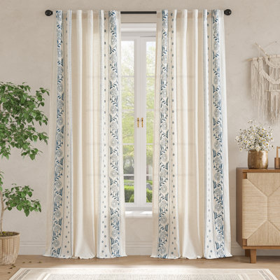 Linen Blended Semi Sheer Embroidered Floral Curtains