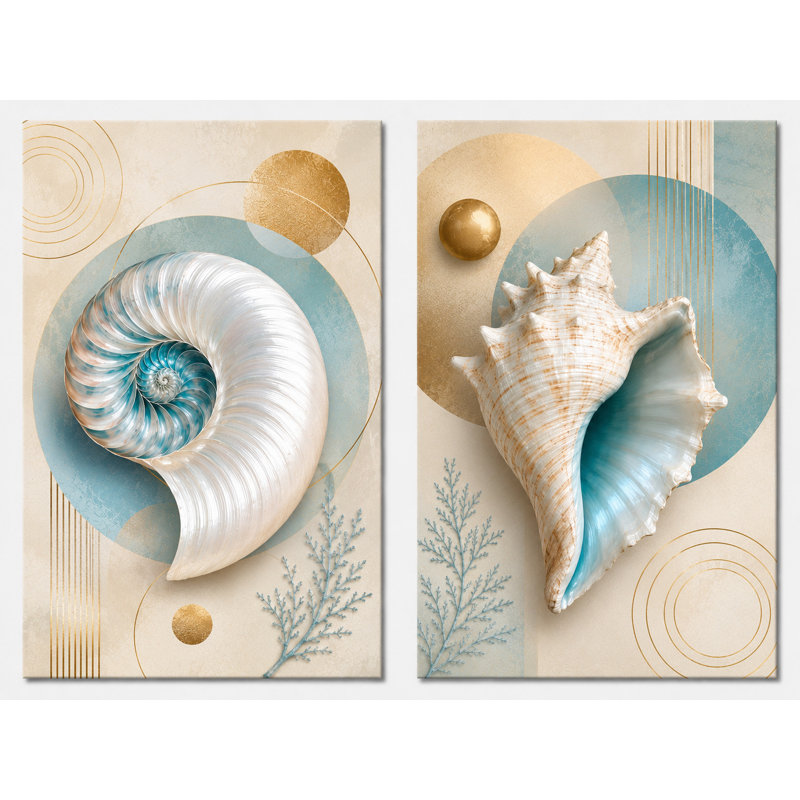 Très grand ensemble de 2 reproductions d'art sur toile bord de mer coquillages Nautilus
