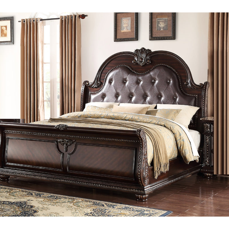 Grand lit à panneau traditionnel avec tête de lit tapissier à boutons en simili cuir, couleur brun antique, lit, teinte de style d'assemblage requise, requis, sommier sans matelas inclus, installation simple