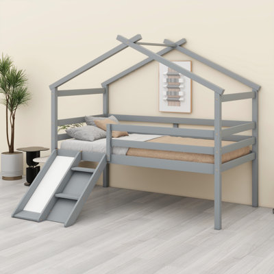 Low Loft House Bed With Slide, Ladder, Safety Guardrails, House Roof Frame