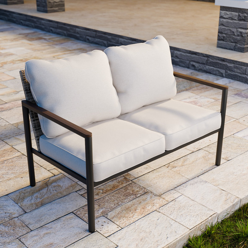 Causeuse avec accoudoirs et coussins en bois, Beige