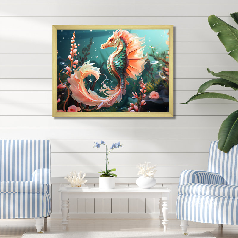 Rose, corail et hippocampe, Cadre doré à coins fermés, H 24 po x l 32 po x P 1 po