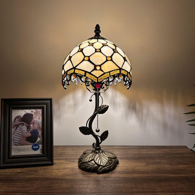 Beige Stained Glass Table Lamp with Bronze Resin Base