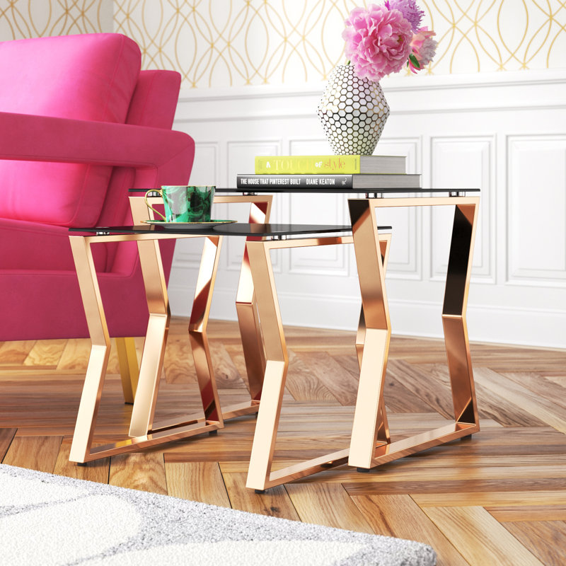 Xander Glass Top 2-Piece Nesting Tables, Black Top/Gold Base