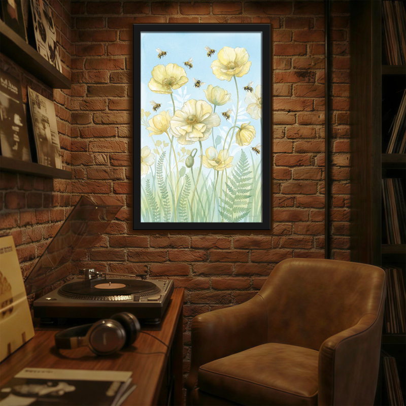 Plantes et fleurs coquelicots jaunes, fougères et abeilles, fond bleu ciel, H 24 po x l 36 po
