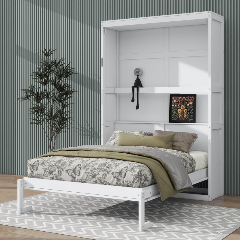 Lit escamotable double pleine grandeur - Livré avec supports de rangement intégrés, Lit double, Blanc
