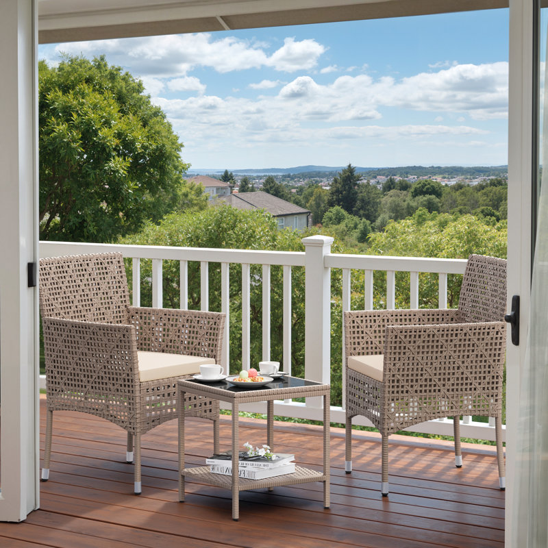 3-Piece Patio Bistro Set with Side Table & Cushions, Brown