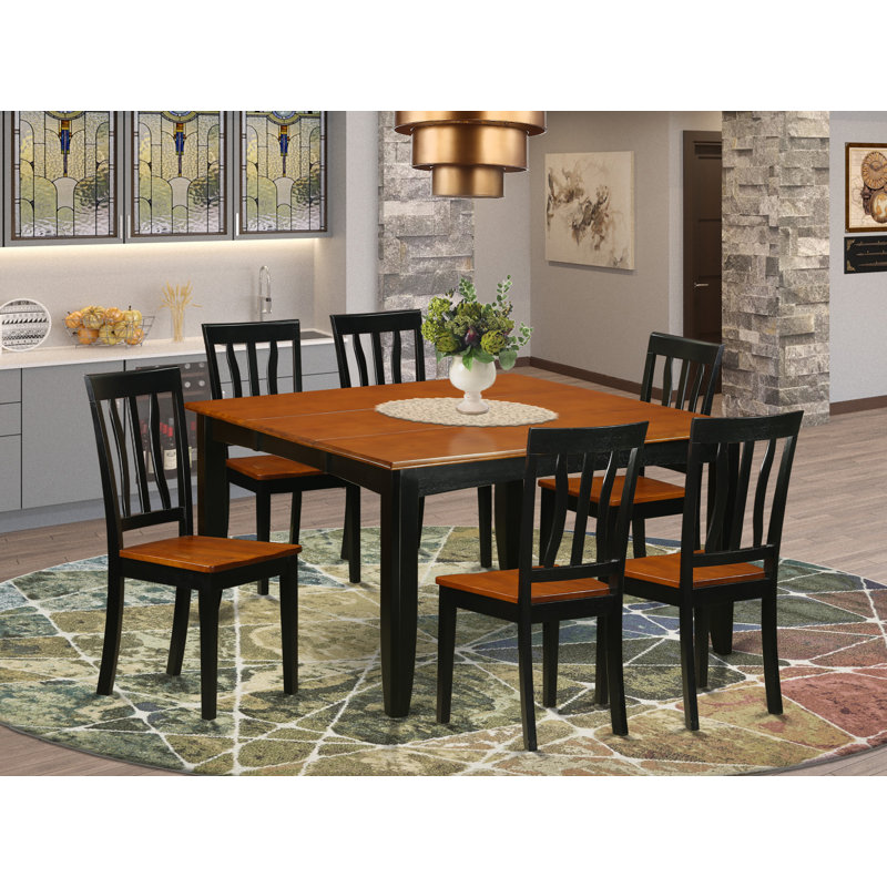 7 Piece Kitchen Table Set Consist of a Square Dining Table with Butterfly Leaf and 6 Dining Chairs, Black & Cherry