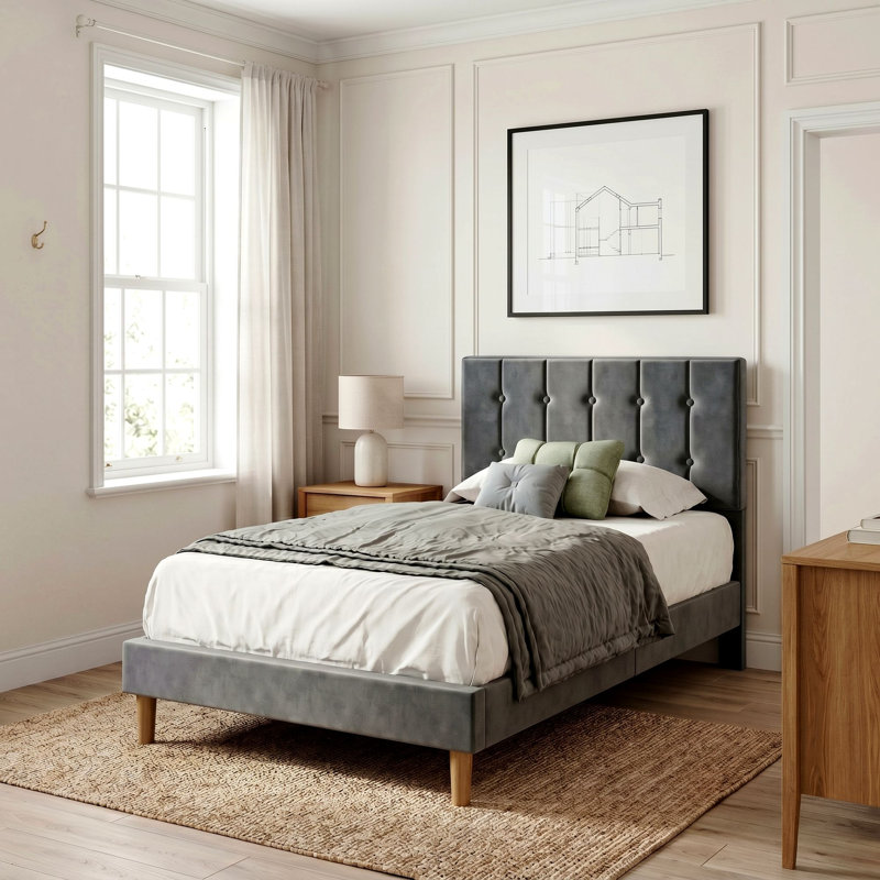Gurit Modern Upholstered Twin Bed Frame, Tufted Velvet Headboard, Low Profile Platform Bed with Strong Wooden Slats, Twin
