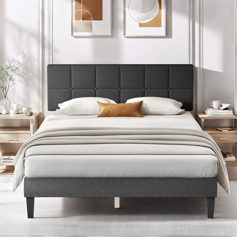 Platform Bed with Upholstered Adjustable Headboard, No Box Spring Needed, Queen, Dark Gray