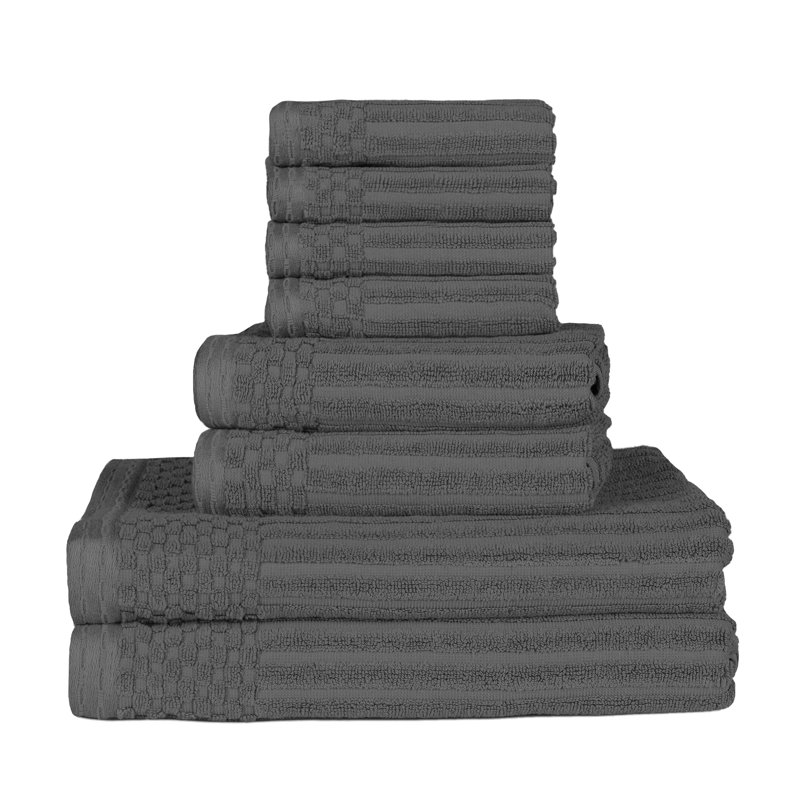 Ruvins Cotton Highly Absorbent 8-Piece Solid and Checkered Border Towel Set, Dark Grey
