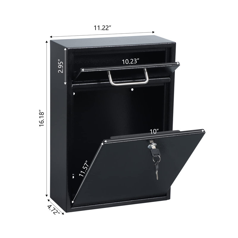 Metal Mailbox Wall Mount, Large Locking Mailbox With Key Lock, Hanging Secure Postbox, Security Key Drop Box, Collection Boxes, Black,XL Large