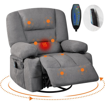 Oversized Rocking Recliner Chair with Massage & Heat, 360° Swivel Glider with Cup Holders for Living Room