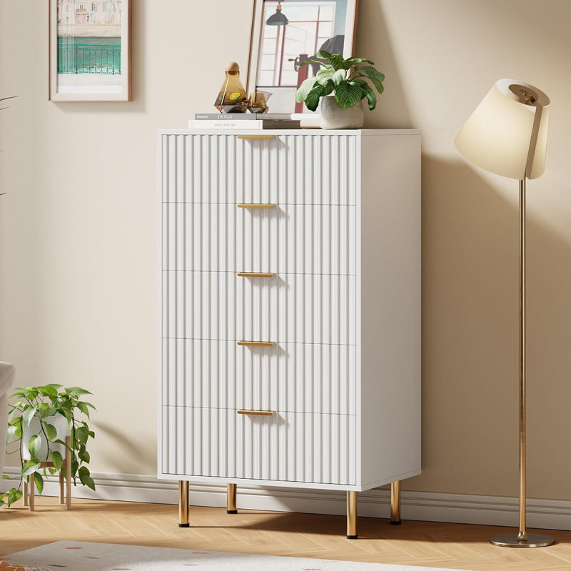 Fluted 5-Drawer Tall Dresser, Modern Wooden Storage Chest with Deep Drawers & Wide Top, Bedroom Organizer for Living Room, Hallway, Kids’ Room