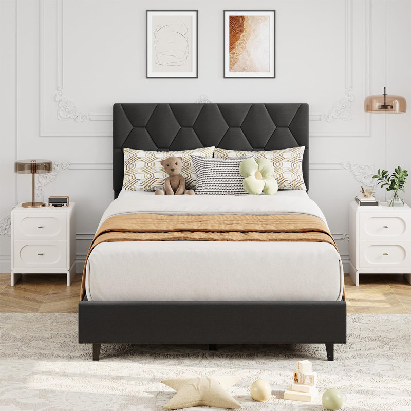 Heavy-Duty Platform Bed Frame, With Height Adjustable Fabric Headboard, Gray, Queen