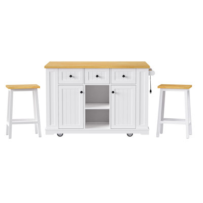 Large Kitchen Island with 2 Bar Stools,Power Outlet,Door Internal Storage Rack,Kitchen Storage Cart