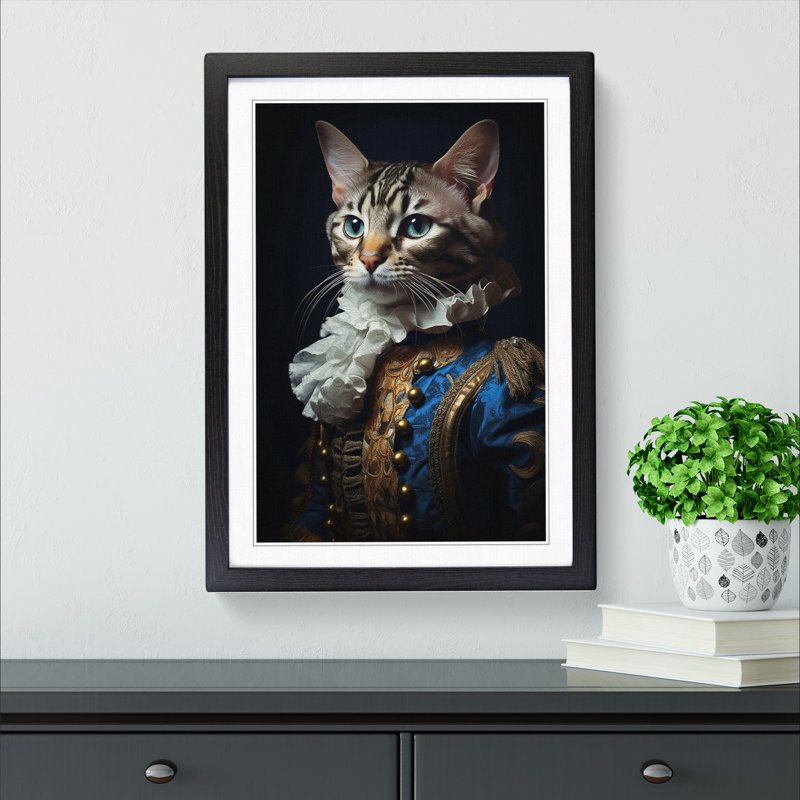 Bengal Cat Rococo Art - Framed Print, 34cm H x 25cm W x 2cm D, Black Framed
