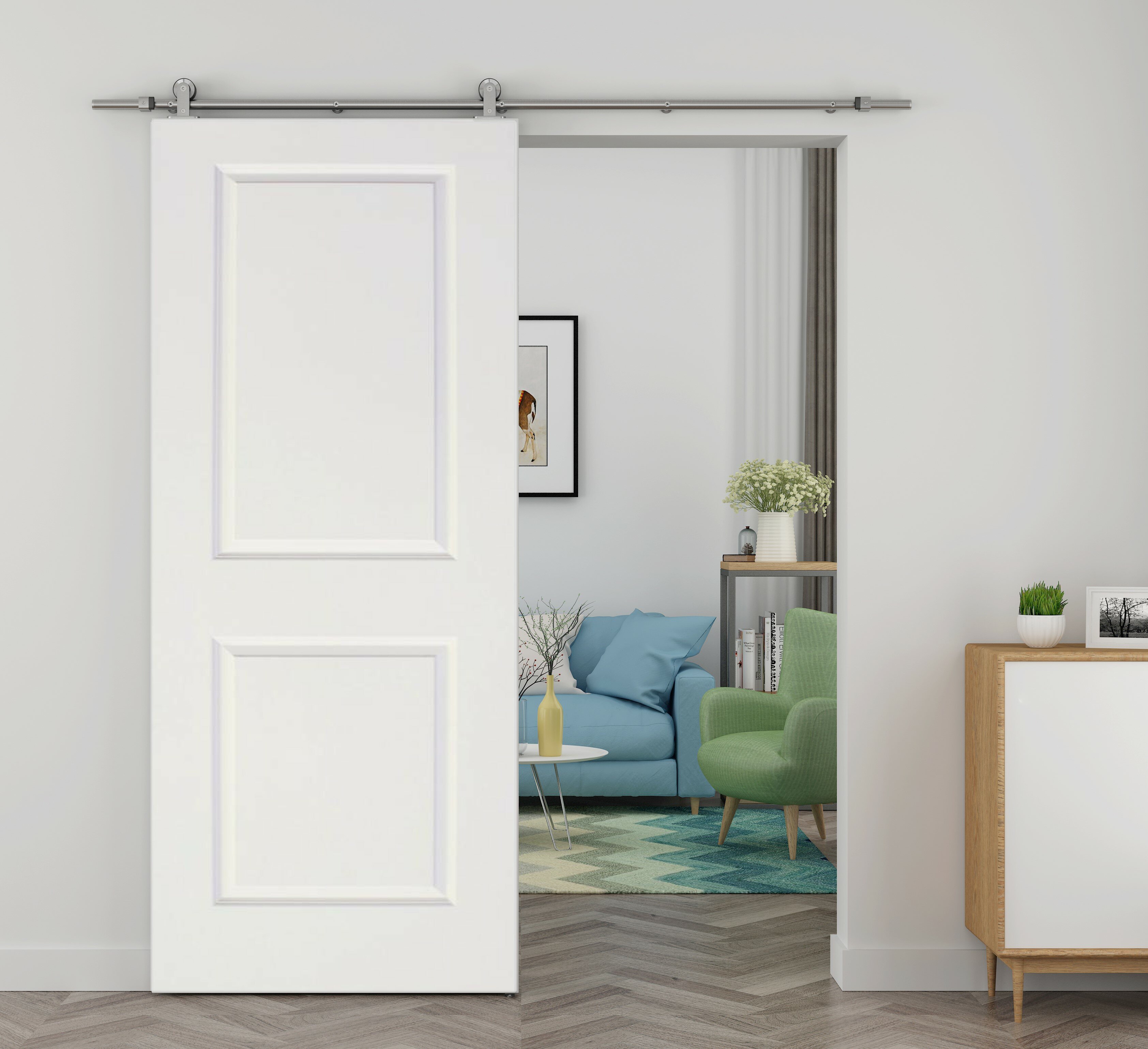 Calhome Paneled Wood Primed Barn Door with Installation Hardware Kit ...