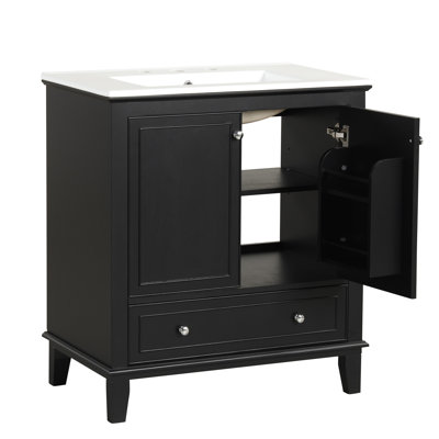 Meuble-lavabo noir 30 po avec lavabo en céramique - armoire et tiroir en bois massif et fonctionnels