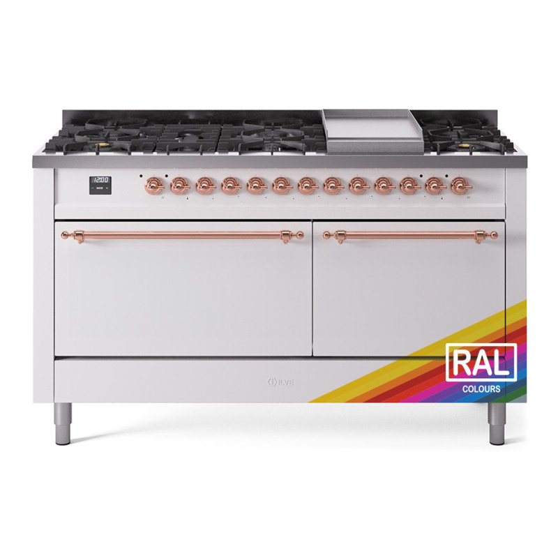 ILVE Nostalgie II Series 60 inch Dual Fuel Range with 9 Sealed Burners, Griddle (Solid Door), Natural Gas, RAL Classic/Copper