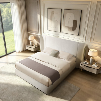 Lit Queen Size de luxe avec tête de lit à oreilles, haut et rembourré, tissu chenille doux, cadre solide et robuste pour chambre à coucher, matelas non inclus - Beige
