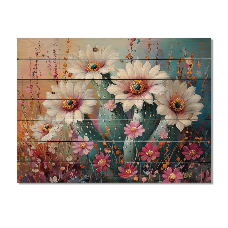 Beauté de cactus blanc et rose - Décoration murale bois de cactus floral - sur bois de pin naturel