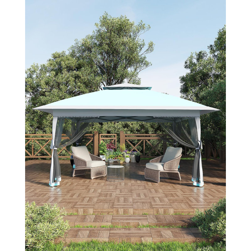Tente à baldaquin, structure en acier avec tissu en polyester, 12 x 12 pi, pavillon de jardin escamotable avec moustiquaire et hauteur réglable, fêtes extérieures et barbecues