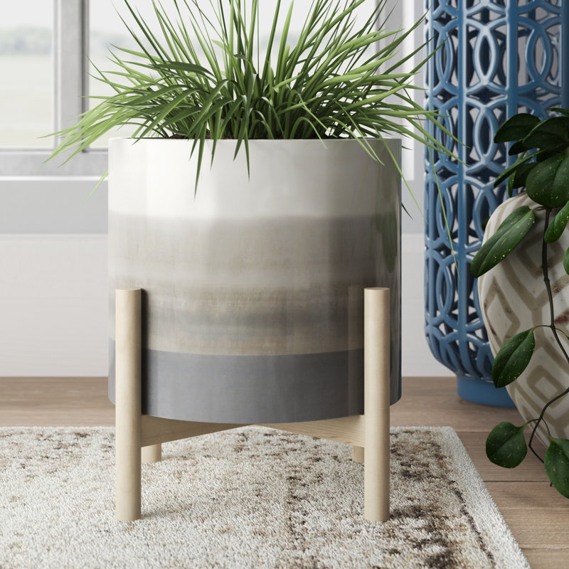 Pot à fleurs en céramique et bois de pin avec support, pot décoratif moderne pour plantes d'intérieur et d'extérieur, présentoir surélevé élégant pour la maison et le bureau