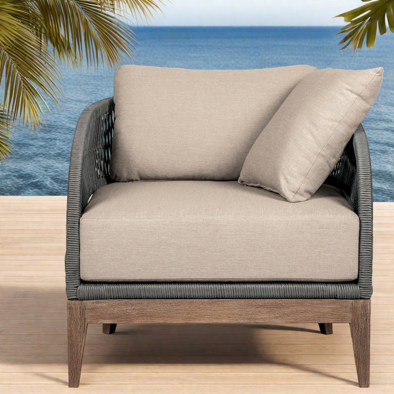 Méridienne de patio résistante aux intempéries, bois d'eucalyptus et coussin taupe