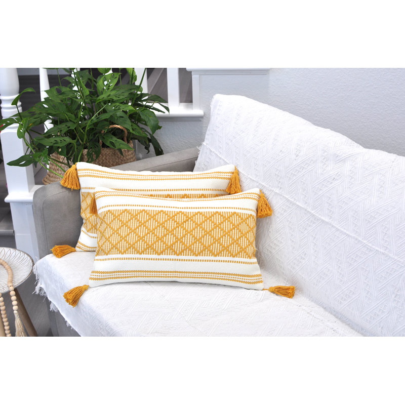 Mustard Yellow and Cream Cotton Boho Lumbar Pillowcases with Tassels