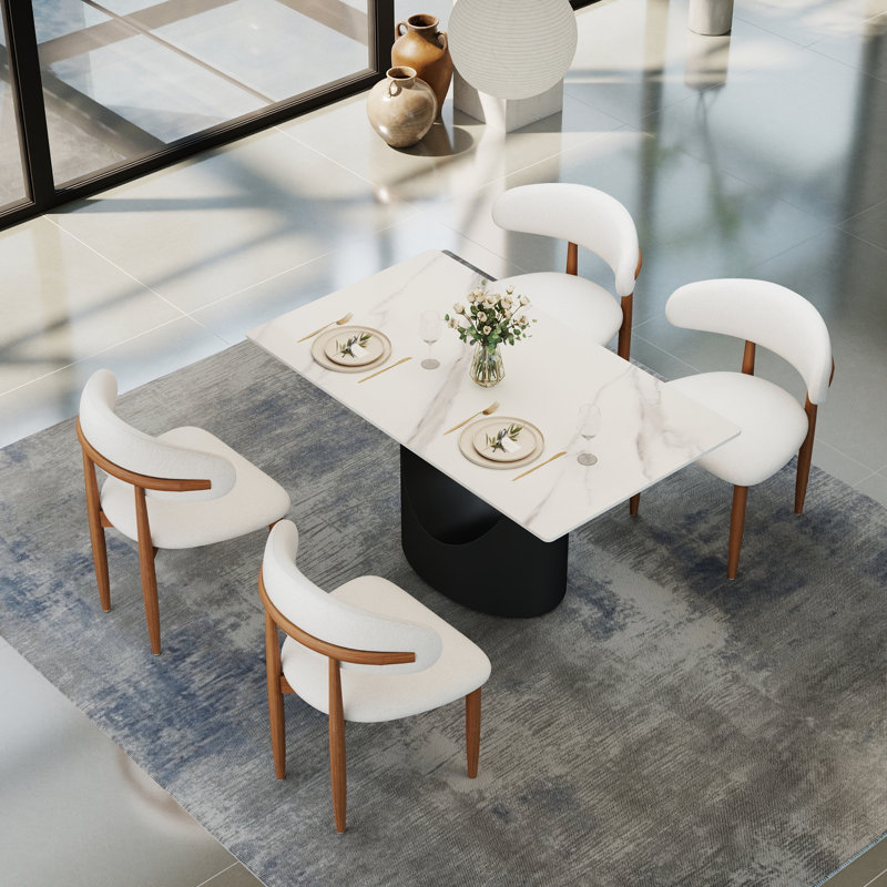 Fairy 5-Piece Modern Rectangular Sintered Stone Dining Table Set With 4 Solid Wood Chairs, Snow White