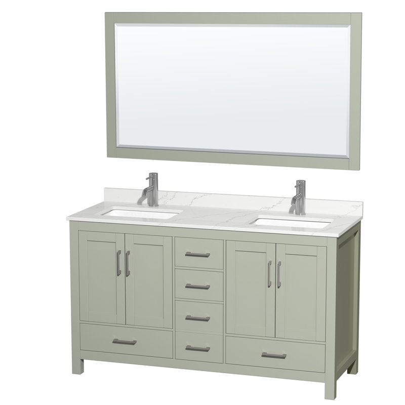 Sheffield 60" Freestanding Double Bathroom Vanity with Quartz Top with 58" Mirror, Green, Brushed Nickel, Giotto Quartz