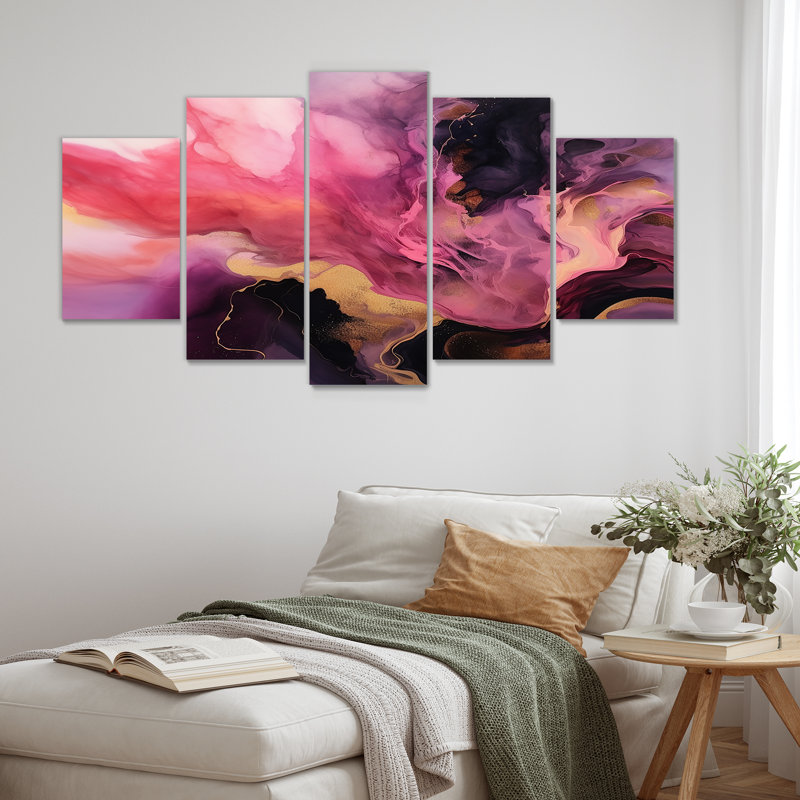 5 pièces d'art mural foncé en marbre magenta foncé pour le salon, H 32 po x l 60 po