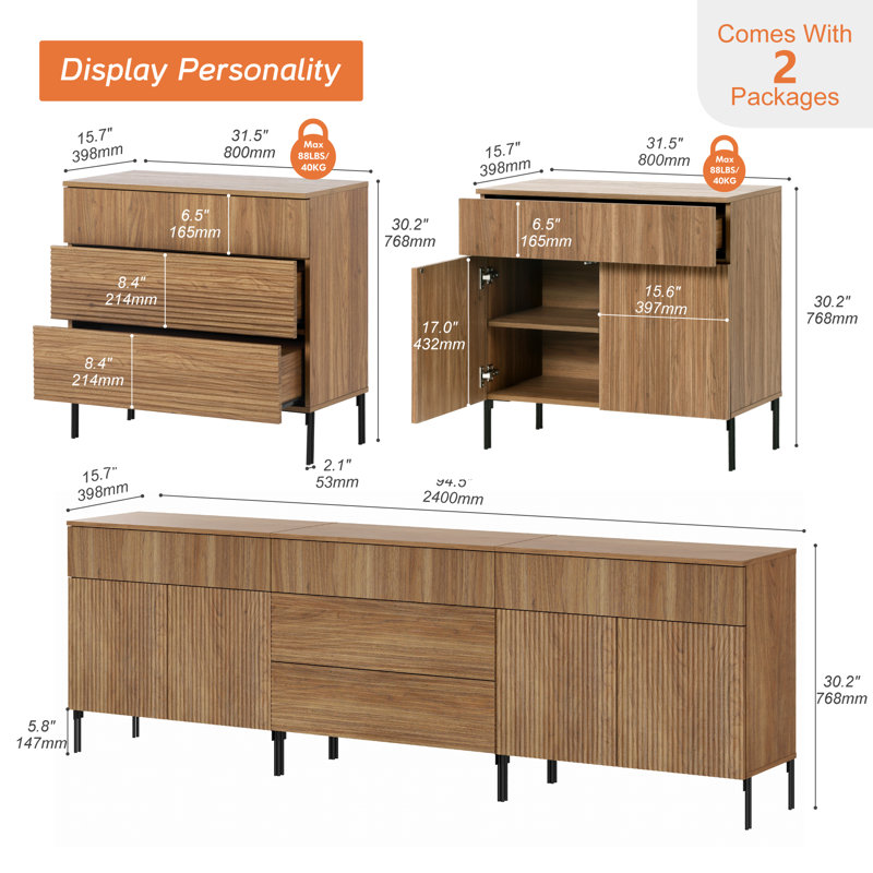 Buffet Aedham 94,5 "moderne en roseau minimaliste avec portes et tiroirs, armoire de rangement en bois 3-en-1 pour cuisine, salle à manger