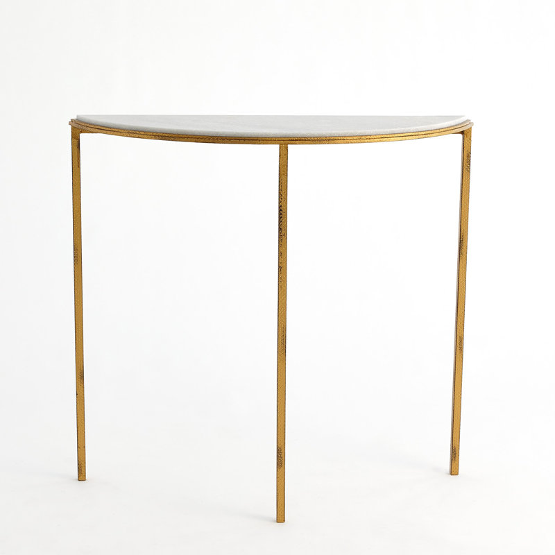 Hammered Gold Demilune Console with White Marble Top