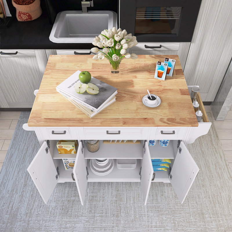 54" Rubber Wood Drop-Leaf Countertop Kitchen Cart With Spice Rack & Towel Rack, White