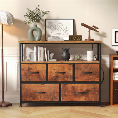 5-Drawer Fabric Dresser with Charging Station, TV Stand for Bedroom, Living Room