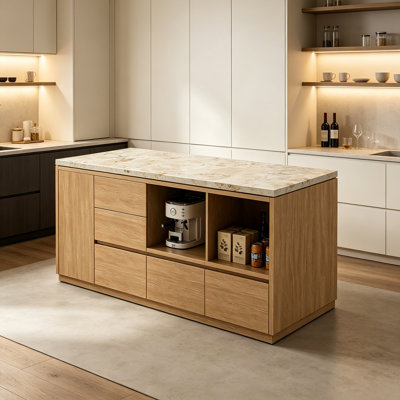 Modern Trei with Storage Cabinets and Large Countertop, Freestanding Trei Table for Food Prep, Dining and Open Kitchen Organization