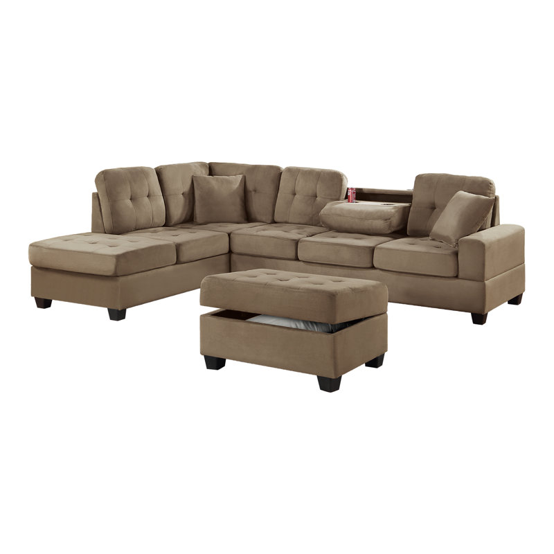 3-Piece Sectional Set W/ Ottoman, Tan Microfiber / Microsuede