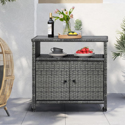 Outdoor Wicker Storage Cabinet - Patio Bar Table With 2 Doors And Shelves, Rolling Wicker Weatherproof Buffet Cabinet For Outdoor & Indoor