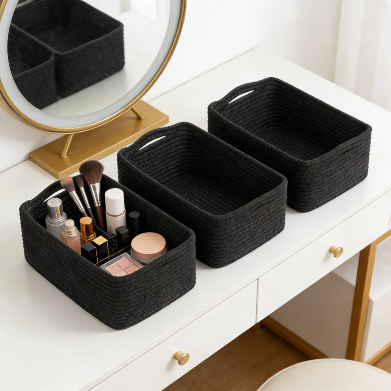 Woven Rope Storage Baskets 3-Pack, Collapsible Organizer Bins For Shelves, Closet, And Home Organization, Rectangular Decorative Baskets For Towels, Toys, And Essentials