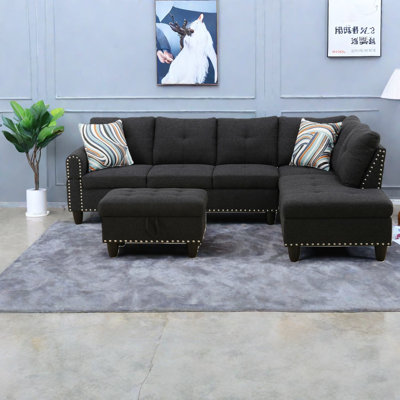 Ensemble de canapé de salon moderne en lin 3 pièces avec repose-pieds, table basse rabattable et porte-gobelets