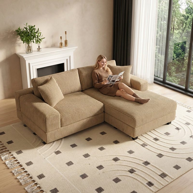 Canapé modulaire en velours côtelé 2 pièces 73,62 "avec ensemble de méridienne et coussins, Velours côtelé brun clair