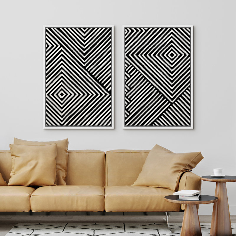 Black and White Geometric Abstract Canvas Print Set with White Frame