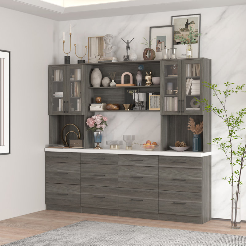 Bibliothèque H 83,3 po x l 94,5 po avec portes en verre et 12 tiroirs, Gris